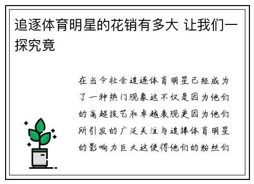 追逐体育明星的花销有多大 让我们一探究竟